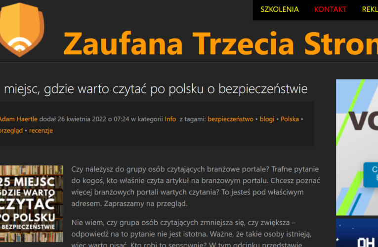 „25 miejsc, gdzie warto czytać po polsku o bezpieczeństwie” – rekomendacja cybersec360 przez Zaufana Trzecia Strona